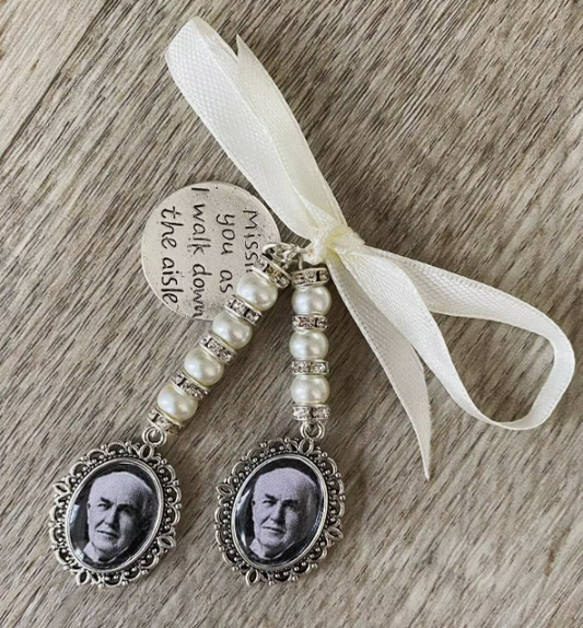 Walk with me Single | Double | Triple | Oval Wedding Bouquet Memory Photo Charm | Wedding Bouquet Memorial Charm | Button Hole | Bride