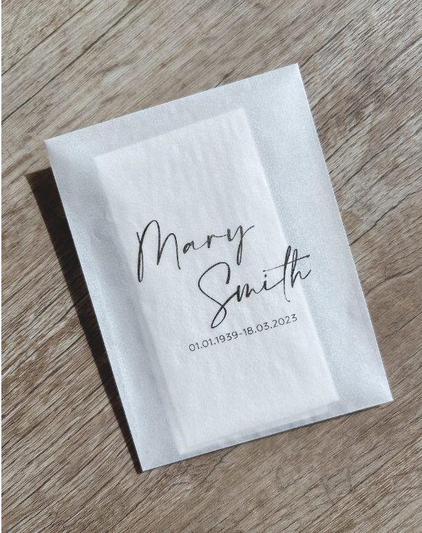 Any Design Personalised Funeral Favours | Funeral Tissue Bags | Orders of Service | Funeral Tissues | Choose your own wording