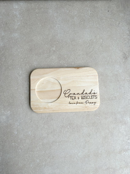 Personalised Tea and Biscuit Board, Wooden Snack Tray with Mug Recess, Custom Name Gift for Tea Lovers, Birthday Gift for Him Her