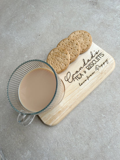 Personalised Tea and Biscuit Board, Wooden Snack Tray with Mug Recess, Custom Name Gift for Tea Lovers, Birthday Gift for Him Her